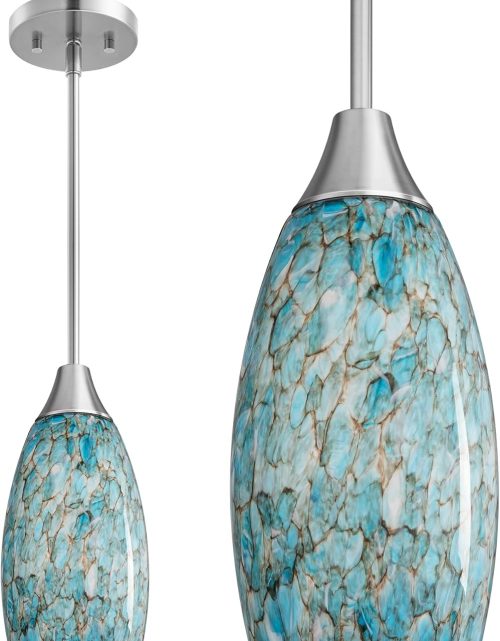 EDISHINE Pendant Light, Hand Blown Hanging Light Fixture, Adjustable Brushed Nickel Rods, Blue Glass Pendant Lighting for Kitchen Island, Sink, Bathroom, Dining Room