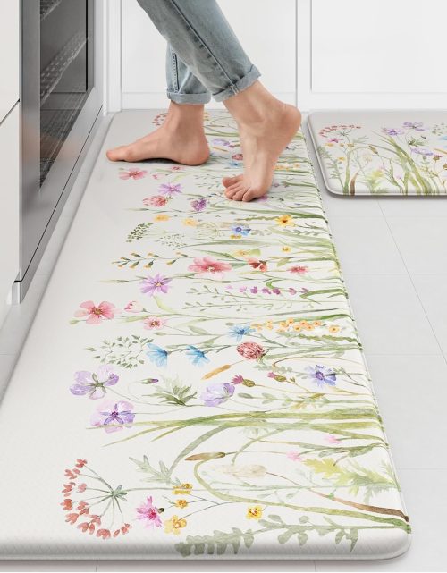 KIMODE Anti Fatigue Kitchen Mat for Floor, Farmhouse Floral Kitchen Rugs Sets of 2, Kitchen Floor Mats Non-Slip, Cushioned Standing Mat for Sink, Laundry, Desk, Home White 17"x47"+17"x29"