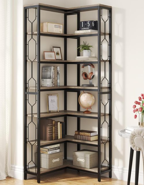 Tribesigns Corner Shelf, 7-Tier Industrial Corner Bookshelf, Wood and Metal Corner Etagere Bookcase, Freestanding Display Shelf for Living Room, Kitchen, Home Office, Gray